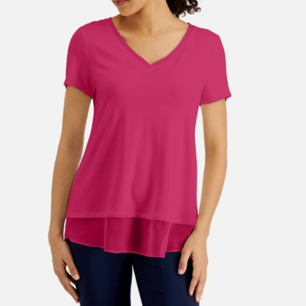 JM Collection V-Neck Sheer-Hem T-Shirt in Pink Peacock